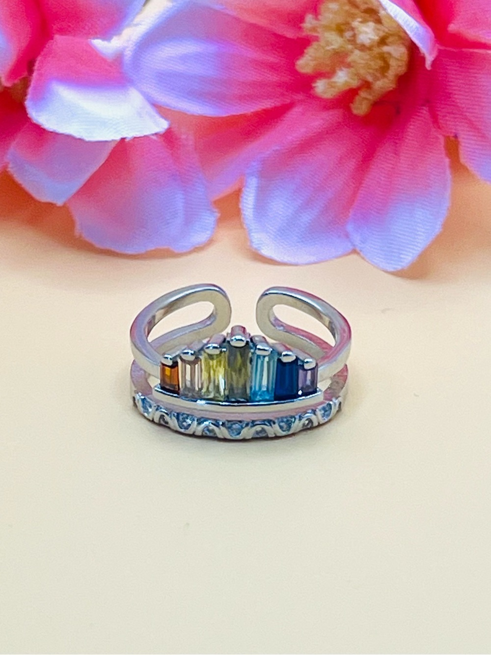 Silver plated Rainbow Gemstone Ring size 7